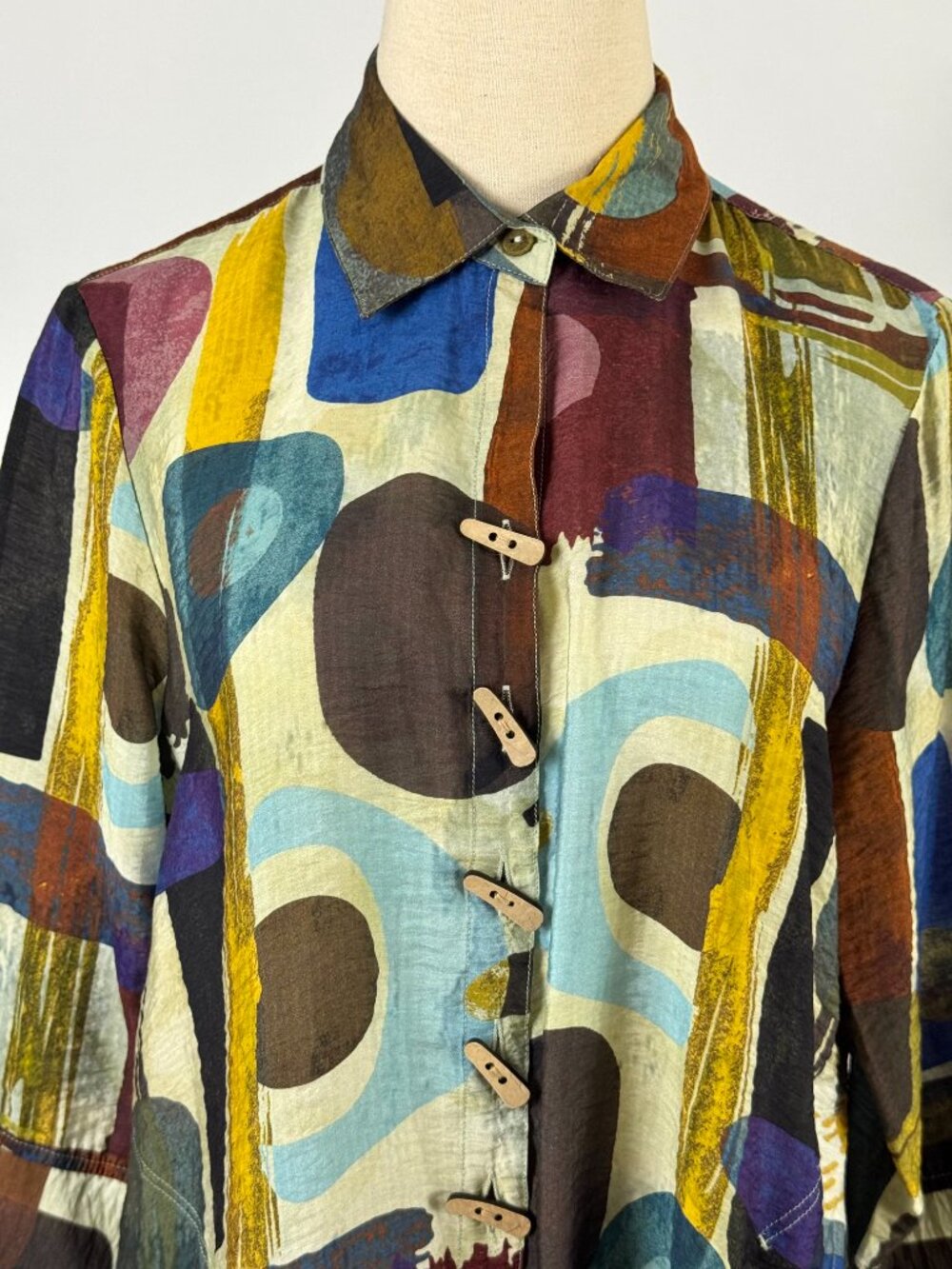 Ali Miles Abstract Geometric Button Down Tunic Top Artsy Art to Wear Earth Tones - Picture 3 of 10